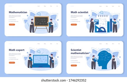 Mathematician web banner or landing page set. Mathematician seek and use scientific pattern and research to formulate new calculation. Vector illustration.