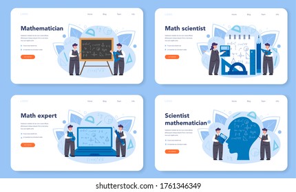 Mathematician web banner or landing page set. Mathematician seek and use scientific pattern and research to formulate new calculation. Vector illustration.