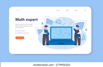 Mathematician web banner or landing page . Mathematician seek and use scientific pattern and research to formulate new calculation. Vector illustration.