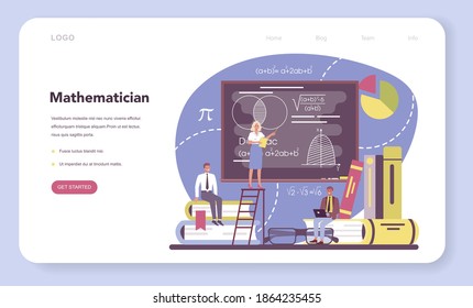 Mathematician web banner or landing page. Mathematician seek and use scientific pattern and research to formulate new calculation. Math analysis and conjecture computing. Vector illustration.