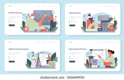 Mathematician web banner or landing page set. Mathematician seek and use scientific pattern and research to formulate new calculation. Math analysis and conjecture computing. Vector illustration.