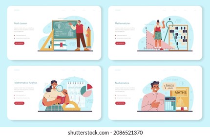 Mathematician web banner or landing page set. Mathematician use formulas and diagrams to research and formulate new calculation. Math analysis and conjecture computing. Vector flat illustration