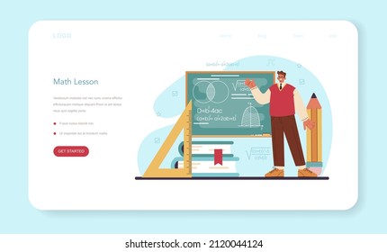 Mathematician web banner or landing page. Mathematician use formulas and diagrams to research and formulate new calculation. Math analysis and conjecture computing. Vector flat illustration