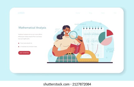 Mathematischer Web-Banner oder Landing-Seite. Mathematiker verwenden Formeln und Diagramme, um neue Berechnungen zu erforschen und zu formulieren. Mathematik-Analyse und Vermutung-Computing. Vektorgrafik
