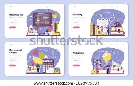 Mathematician web banner or landing page set. Mathematician seek and use scientific pattern and research to formulate new calculation. Math analysis and conjecture computing. Vector illustration.