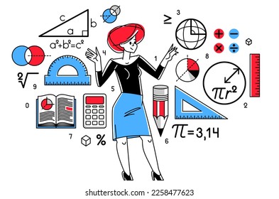 Mathematician working on some theoretical mathematics vector outline illustration, studying math in university, student learning or teacher explaining.