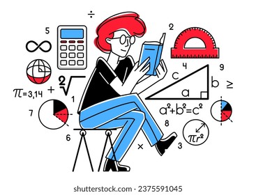 Mathematician working on some theoretical mathematics vector outline illustration, studying math in university, student learning or teacher explaining.