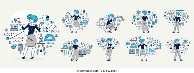 Mathematician working on some theoretical mathematics vector outline illustration set, studying math in university, student learning or teacher explaining.