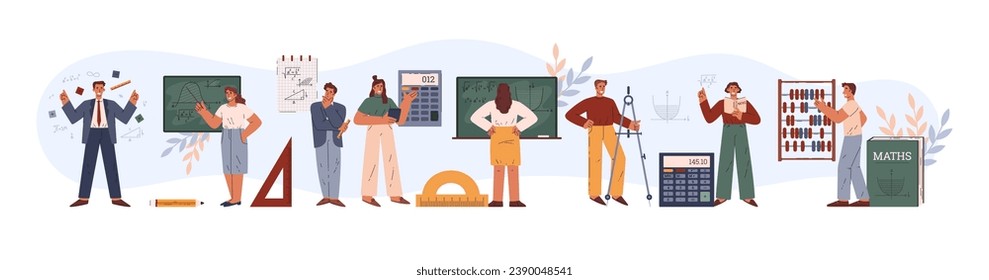 Mathematicians, set of vector illustrations with people. Male and female characters, scientists or math teachers. Horizontal template for scientific design. Young men and women in flat cartoon style