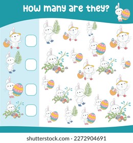 Mathematics activity page with cute and kawaii rabbits and chicks. Calculate and write the result. How many worksheets. Educational printable math for children. Vector file.