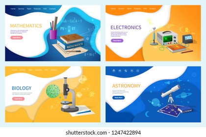 Mathematics algebra and geometry, biology studies at school vector. Astronomy science, electronic with devices and appliances, innovative classes