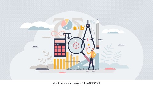 Mathematics as algebra, geometry and physics study tiny person concept. Numbers and equations knowledge with university education learning vector illustration. Formulas and arithmetic science teaching