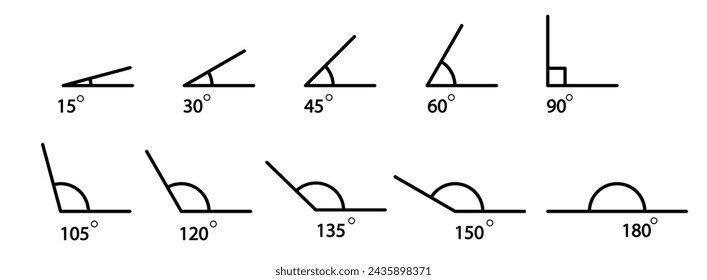 Mathematics Angles Collection. 30, 45, 60, 90, 120, 150, 180, 270 and 360 degree icon set.