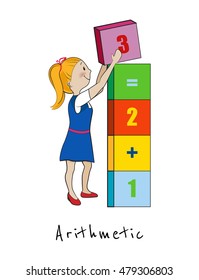 Mathematics, Arithmetic cartoon kid vector illustration, Child girl with number blocks