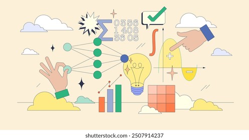 Matemáticas para la ciencia de la inteligencia artificial pequeño concepto de neutralismo. Solución de problemas de ecuaciones de álgebra compleja con soluciones matemáticas para la Ilustración vectorial de IA. Uso de matemáticas para programación.