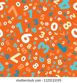 Mathematics background - different numbers in random pattern. Colorful school pattern for children. Multicolor math background for kids. Seamless abstract vector pattern.