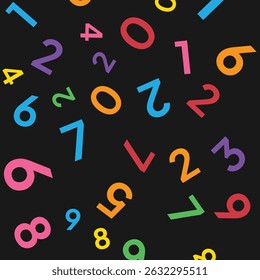 Mathematics background. different numbers in random pattern. Colorful school pattern for children. Multicolor math background for kids, colors red, orange, greenery. Seamless abstract vector pattern