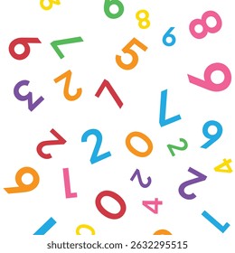 Mathematics background. different numbers in random pattern. Colorful school pattern for children. Multicolor math background for kids, colors red, orange, greenery. Seamless abstract vector pattern
