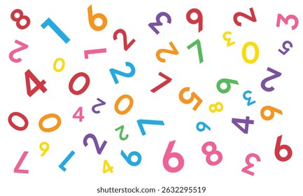 Mathematics background. different numbers in random pattern. Colorful school pattern for children. Multicolor math background for kids, colors red, orange, greenery. Seamless abstract vector pattern