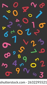 Mathematics background. different numbers in random pattern. Colorful school pattern for children. Multicolor math background for kids, colors red, orange, greenery. Seamless abstract vector pattern