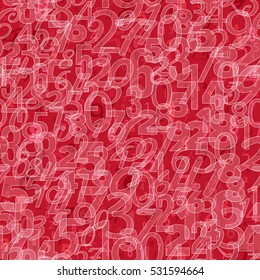 Mathematics background -  different numbers in random pattern. Colorful school pattern for children. Red and white math background for kids. Seamless abstract vector  red pattern. 