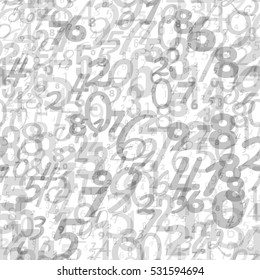 Mathematics background - different numbers in random pattern. Colorful school pattern for children. White and gray math background for kids.  Seamless abstract vector  pattern. 