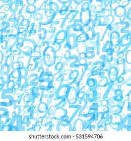 Mathematics background - different numbers in random pattern. Colorful school pattern for children. White and blue math background for kids. Seamless abstract vector  pattern. 