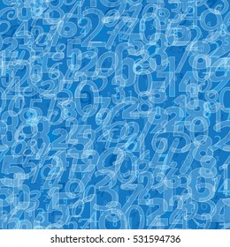 Mathematics background - different numbers in random pattern. Colorful school pattern for children. White and blue math background for kids. Seamless abstract vector  pattern. 