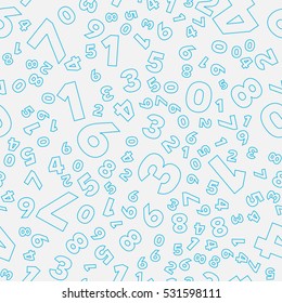 Mathematics background - different numbers in random pattern. Colorful school pattern for children. Blue and gray math background for kids. Seamless abstract vector pattern.