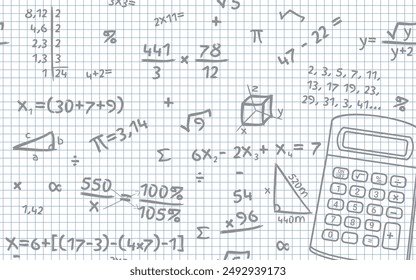 Mathematics Background Layout - Calculator, Mathematical Accounts and Symbols on Squared Paper Sheet Background. Rectangle Shape.