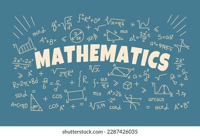 Mathematics background with symbols and formulas, math science, education. Vector school blackboard with sketch chalk geometry and algebra equations. Trigonometry diagrams and graphs backdrop