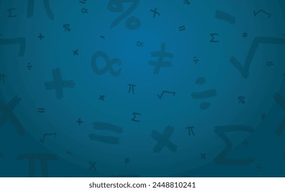 Mathematics Background - Various Mathematics Symbols on Blue Background. Plus, Minus, Times, Divide, Square Root, Equals, Percent, Pi, Infinity and others.