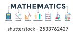 Mathematics banner icons set with icon of calculate, algebra, geometry, measurement, counting, analysis and educate 

