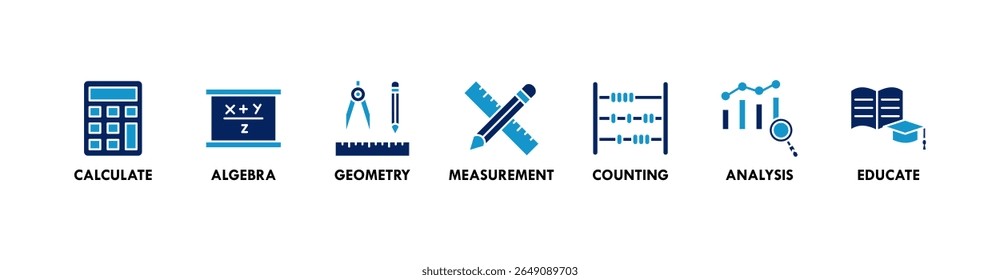 Ícones de banner de matemática definidos com ícone de calcular, álgebra, geometria, medição, contagem, análise e educar