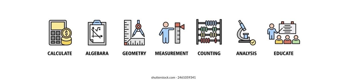 Mathematics banner web icon set vector illustration concept with icon of calculate, algebra, geometry, measurement, counting, analysis and educate