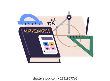 Mathematics book for study. Math education, knowledge, school subject concept. Geometry textbook, formula, circle drawing, tools composition. Flat vector illustration isolated on white background