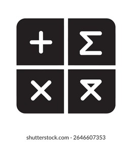 Ícone da calculadora de matemática com símbolos matemáticos para cálculo contábil e financeiro ou para uma ferramenta de aprendizagem de ciência e educação vetor ícone de glifo sólido