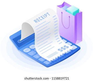 The mathematics calculator, paper bill payment, shopping bag. Flat vector isometric illustration. The web store, buying, paying, payment calculation, purchase invoice, receipt bill, business concept.