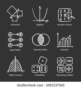 Mathematics Chalk Icons Set. Algebra And Geometry. Logic, Discrete, Elementary Maths, Statistics, Number And Probability Theories. Isolated Vector Chalkboard Illustrations