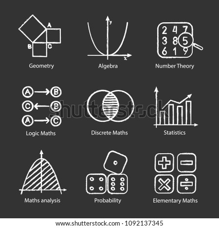 Mathematics chalk icons set. Algebra and geometry. Logic, discrete, elementary maths, statistics, number and probability theories. Isolated vector chalkboard illustrations