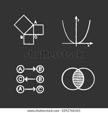Mathematics chalk icons set. Geometry, algebra, logic and discrete maths. Isolated vector chalkboard illustrations