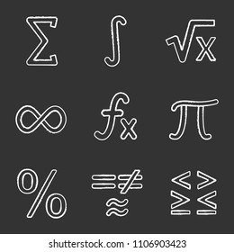 Mathematics chalk icons set. Math symbols. Algebra. Isolated vector chalkboard illustrations