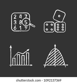 Mathematics chalk icons set. Number theory, statistics, coordinate system, dices. Isolated vector chalkboard illustrations
