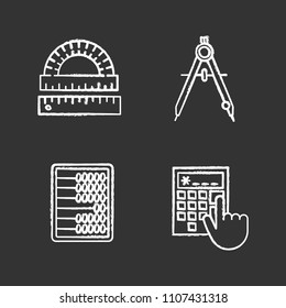 Mathematics chalk icons set. Protractor, ruler, drawing compass, abacus, calculator. Isolated vector chalkboard illustrations