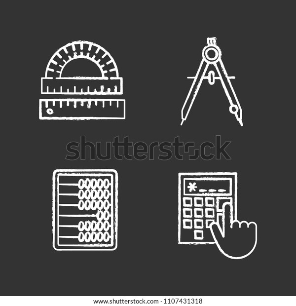 Mathematics chalk icons set. Protractor,\
ruler, drawing compass, abacus, calculator. Isolated vector\
chalkboard\
illustrations