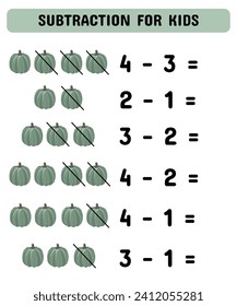 Mathematics children educational game.  Study  subtraction for kids and toddlers. Worksheet for education