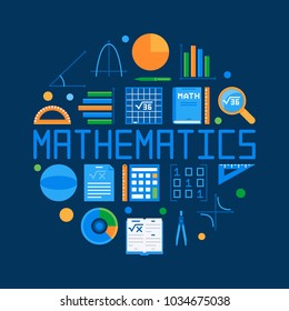 Mathematics circular flat illustration. Vector math round symbol on dark background