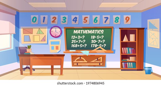 Mathematics classroom empty interior, school or preschool class with teacher table, blackboard with tasks, and rulers, cupboard with textbooks, maths posters, studying room Cartoon vector illustration