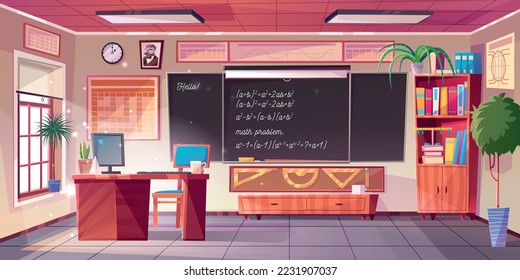 Mathematics classroom interior, empty school class with teacher table, computer, blackboard with algebraic equations, cupboard with textbooks, posters, maths studying room, Cartoon vector illustration