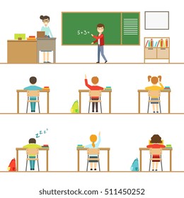 Mathematics Classroom And Kids Behind The Desks Set Of Illustrations